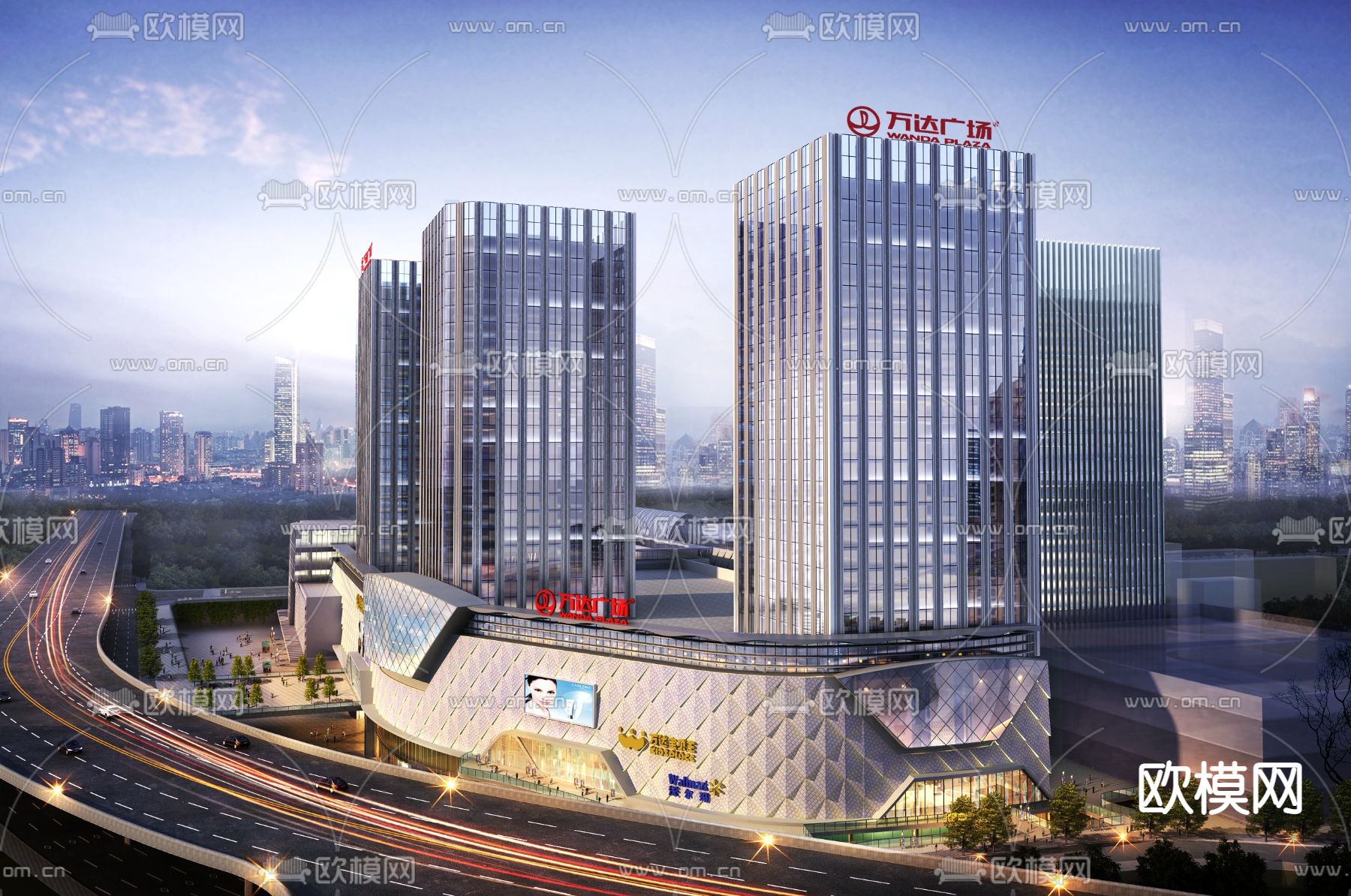 现代万达办公楼外观夜景3d模型下载
