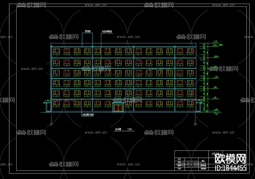 一字型框架结构教学楼建筑CAD施工图下载(渲染图2)