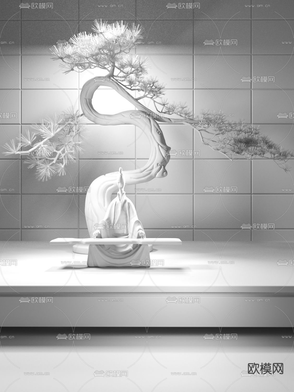 中式禅意松树雕塑3d模型