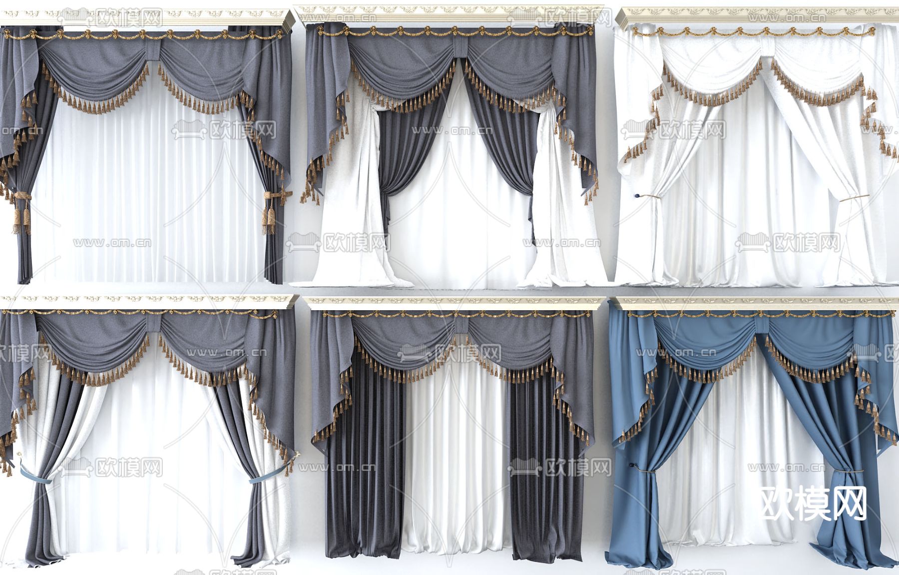 简欧布艺窗帘3d模型下载