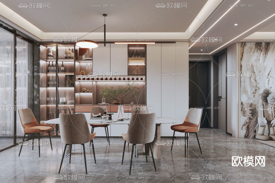 现代轻奢客餐厅3d模型下载(渲染图2)