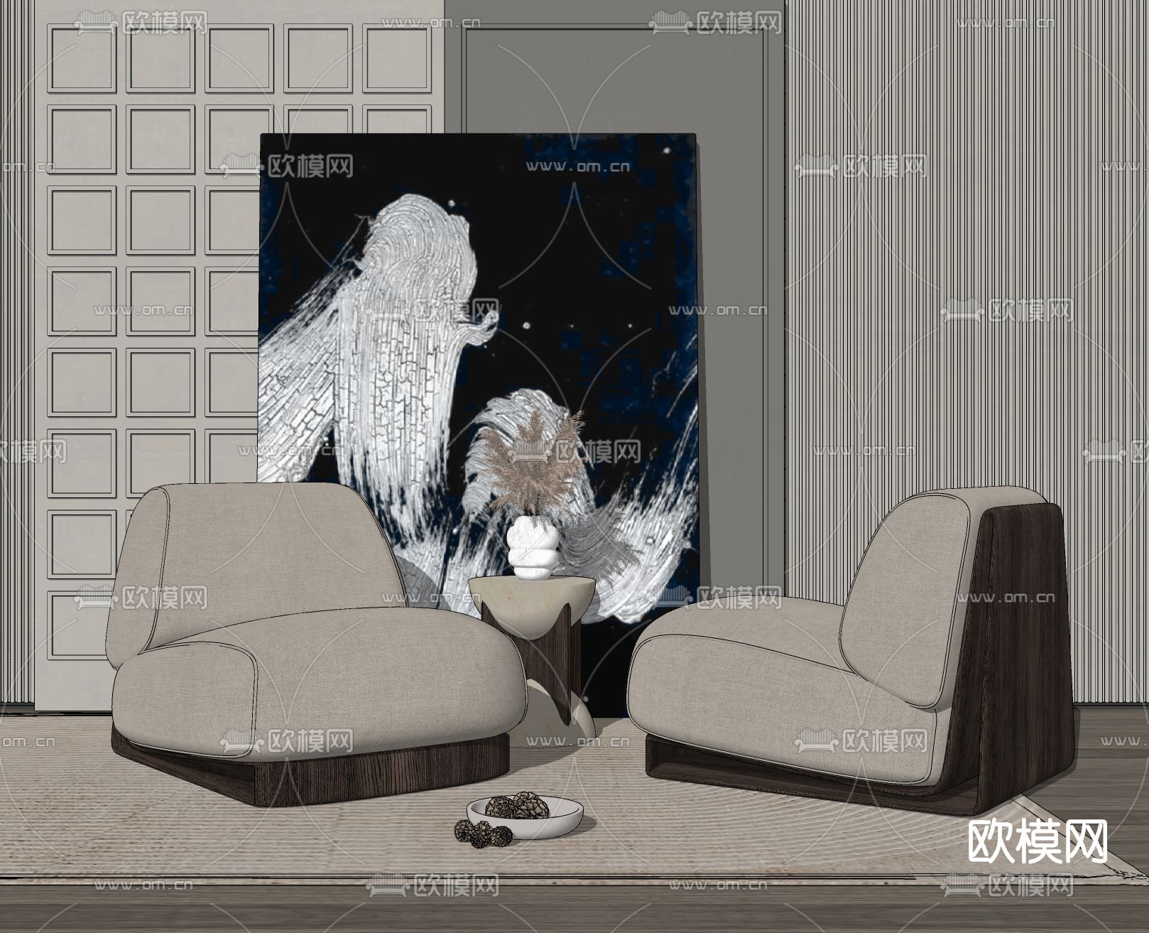侘寂风布艺休闲沙发su模型下载（渲染图2）