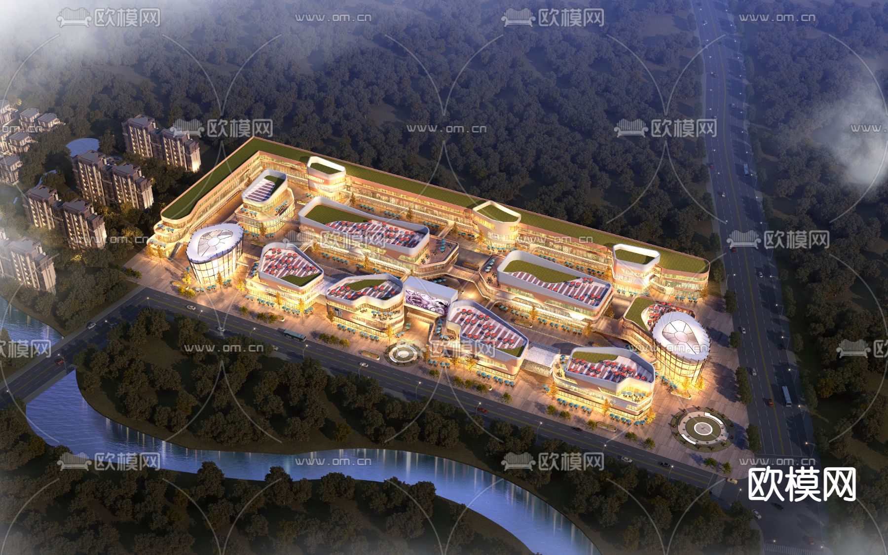 现代商业中心鸟瞰夜景3d模型