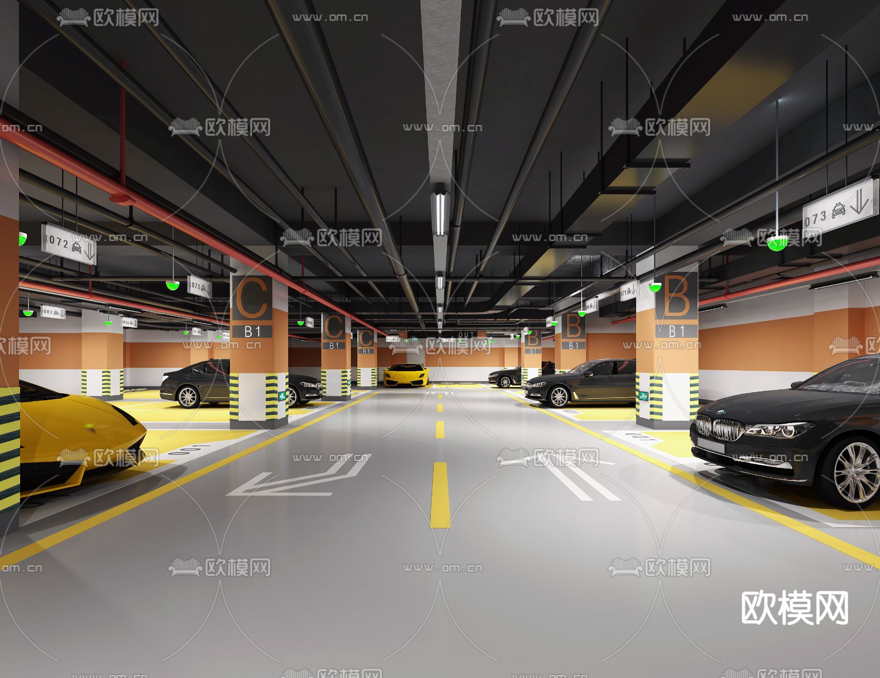 现代地下停车场3d模型下载（渲染图1）