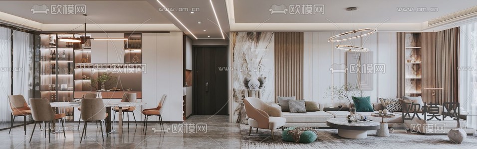 现代轻奢客餐厅3d模型下载(渲染图4)