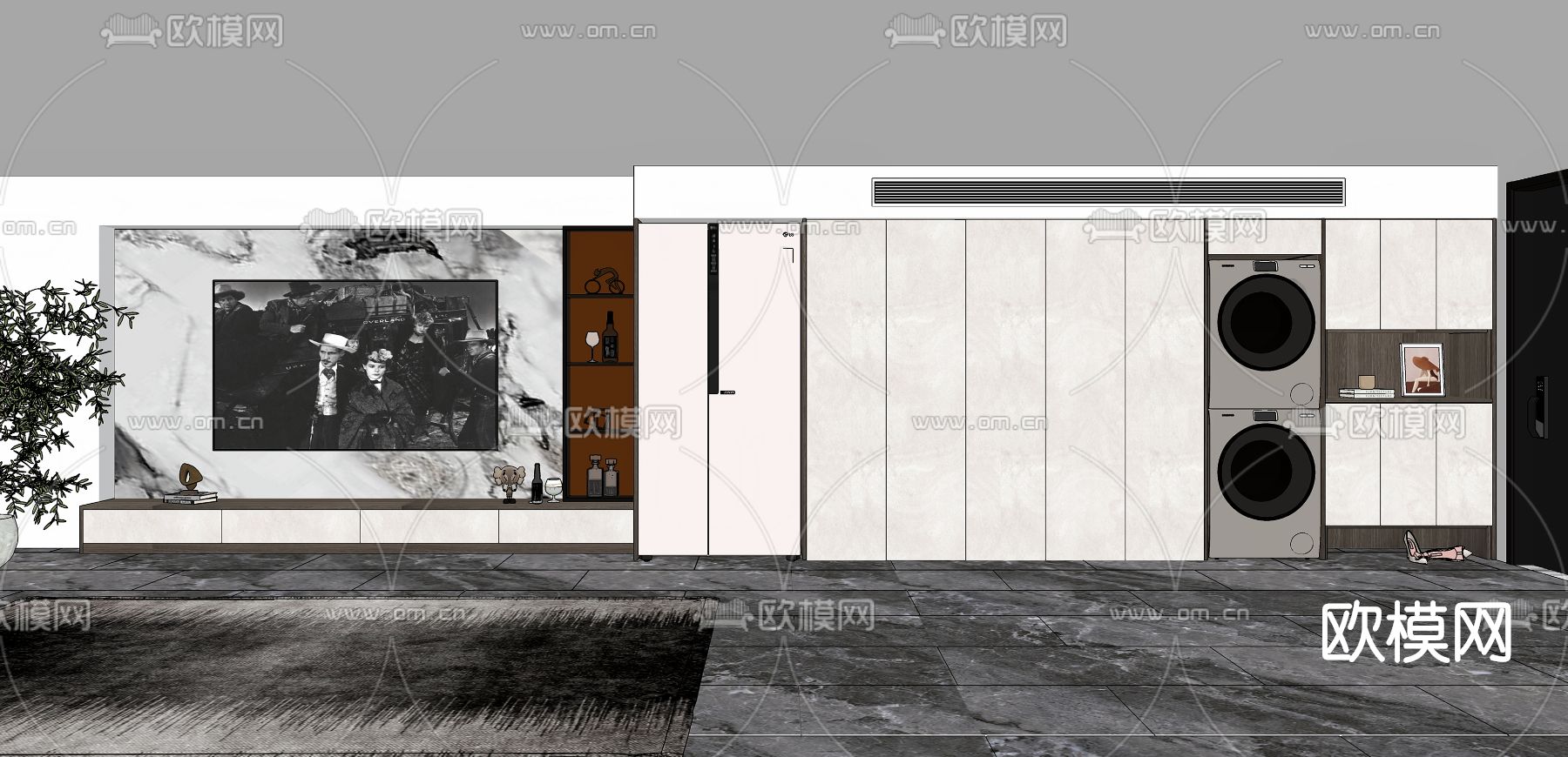 现代电视背景墙su模型下载（渲染图2）