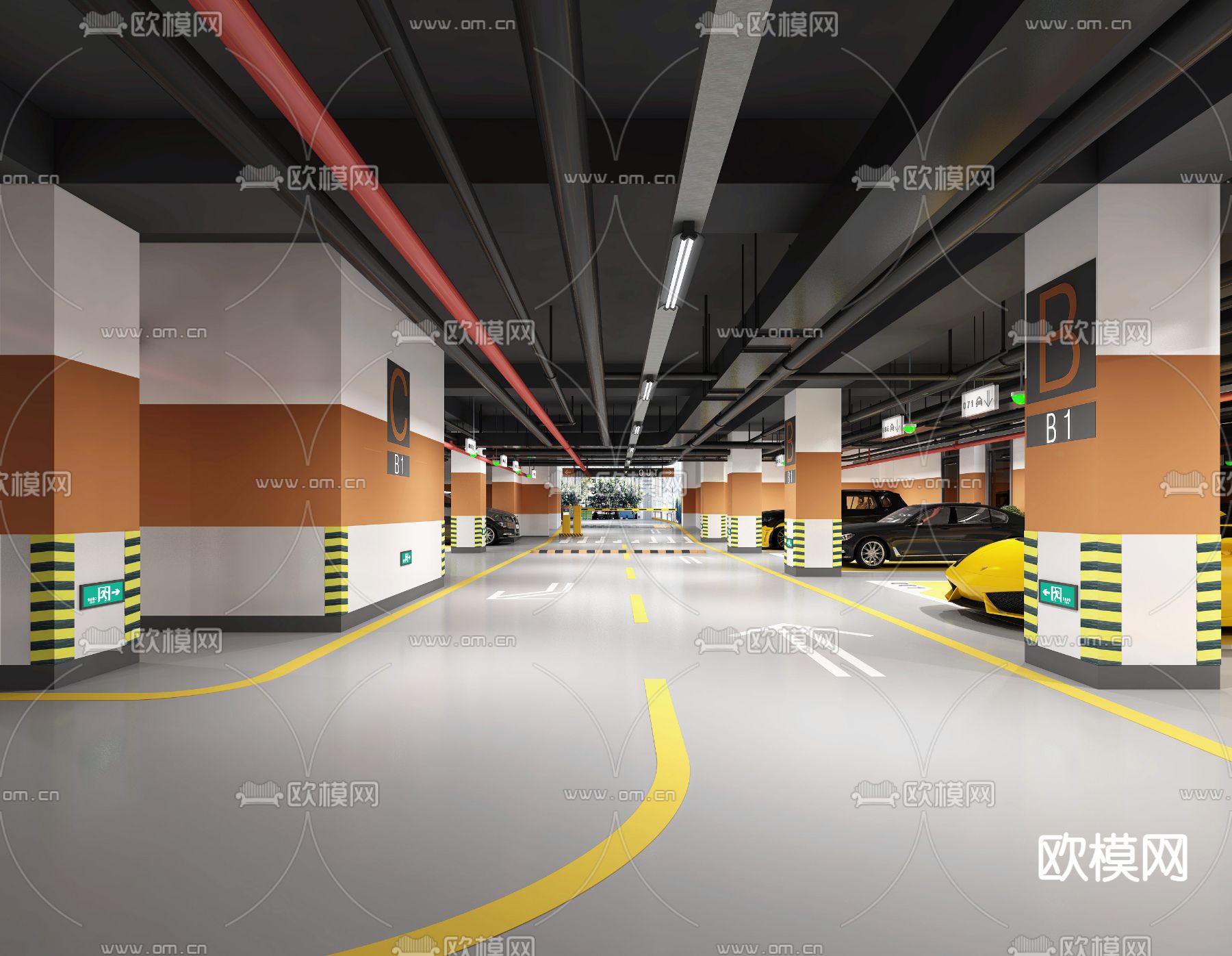 现代地下停车场3d模型下载（渲染图2）