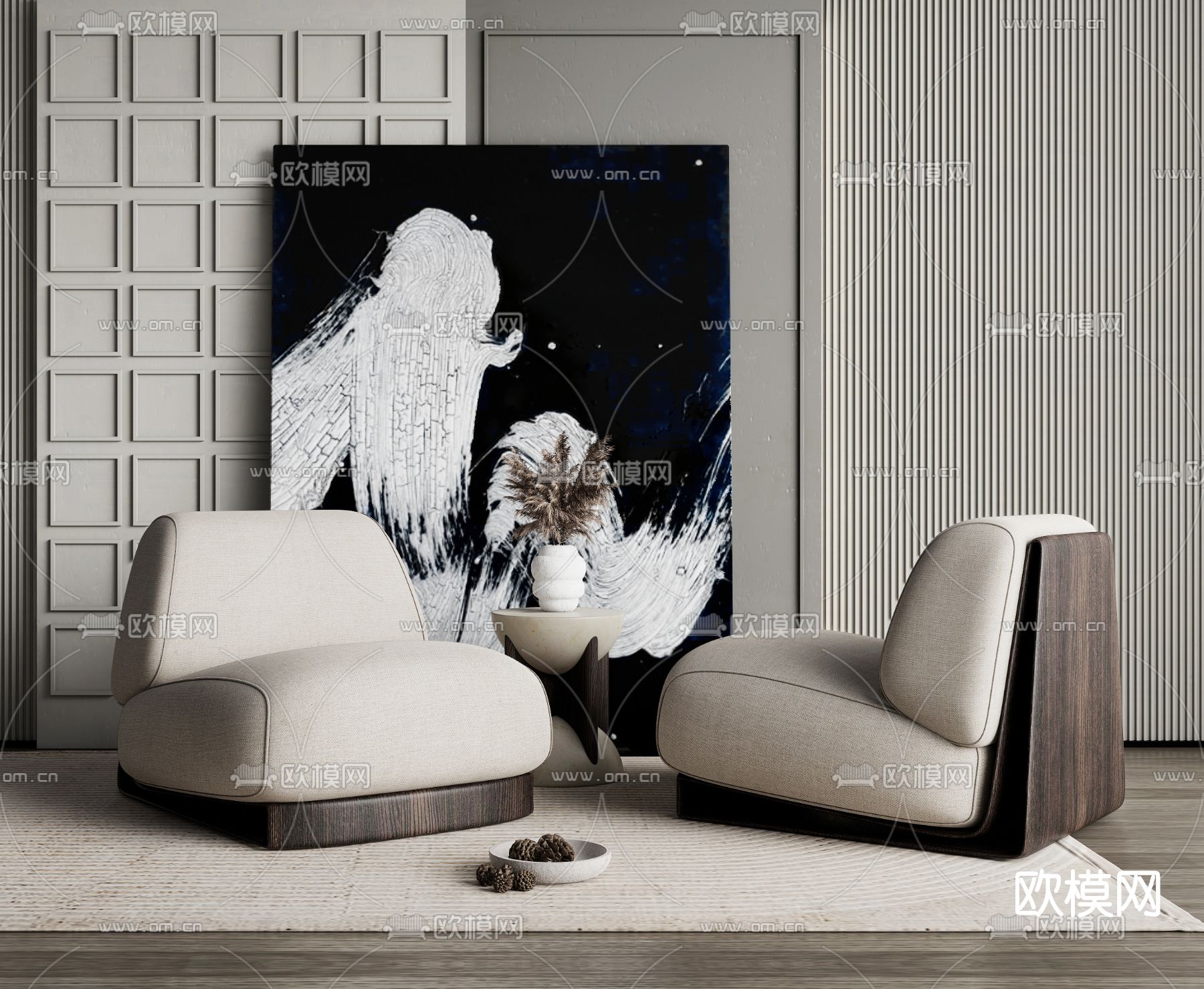 侘寂风布艺休闲沙发su模型下载（渲染图1）