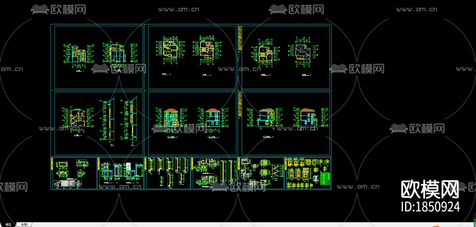 别墅建施cad平面图下载（渲染图1）