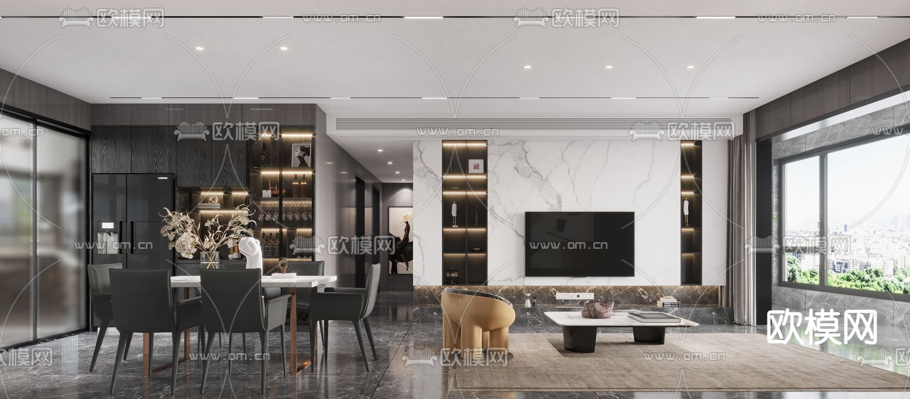 现代轻奢客餐厅3d模型下载（渲染图2）
