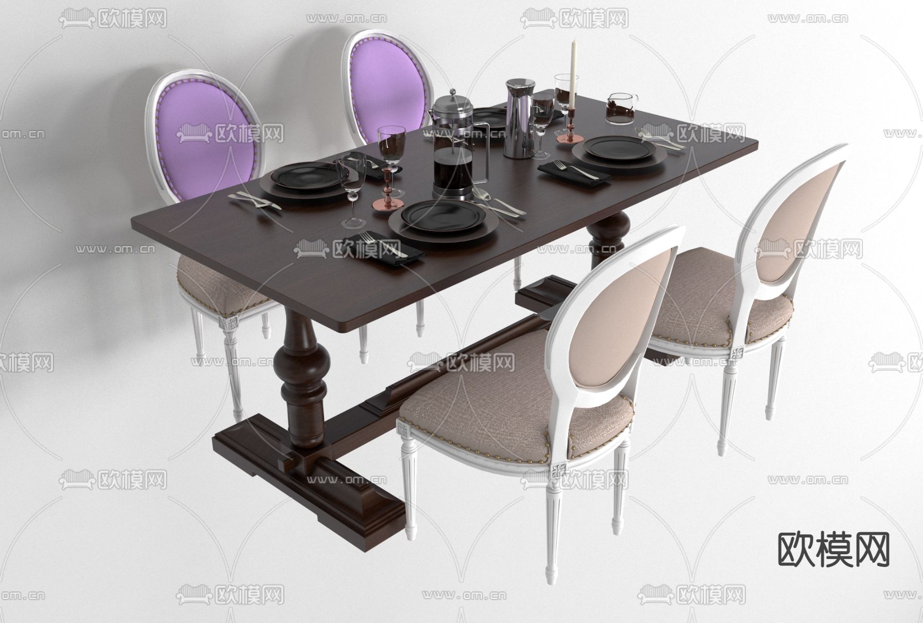 美式实木餐桌椅免费3d模型下载