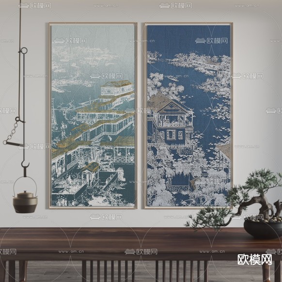 新中式建筑装饰画挂画3d模型下载