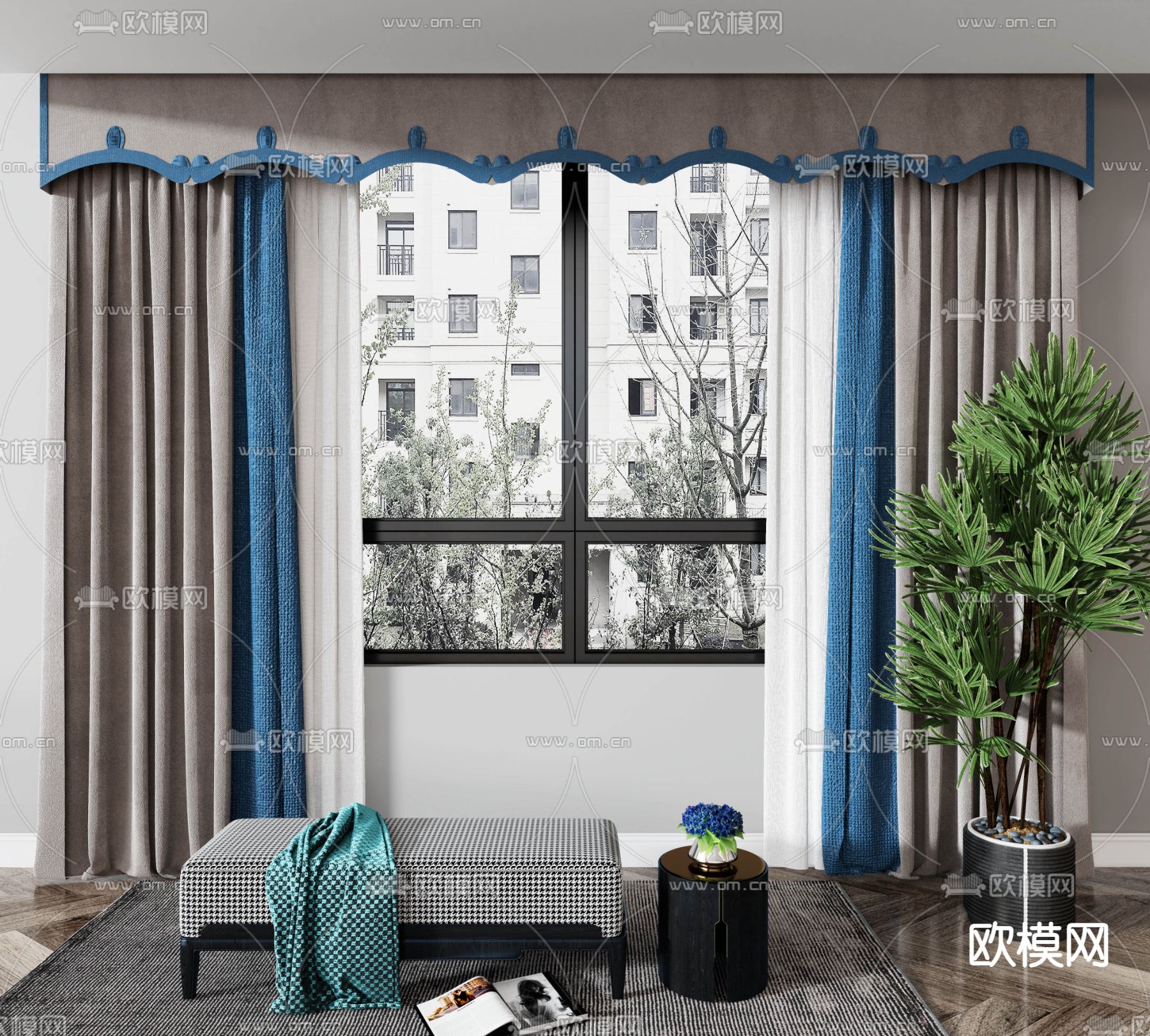 新中式布艺窗帘3d模型下载