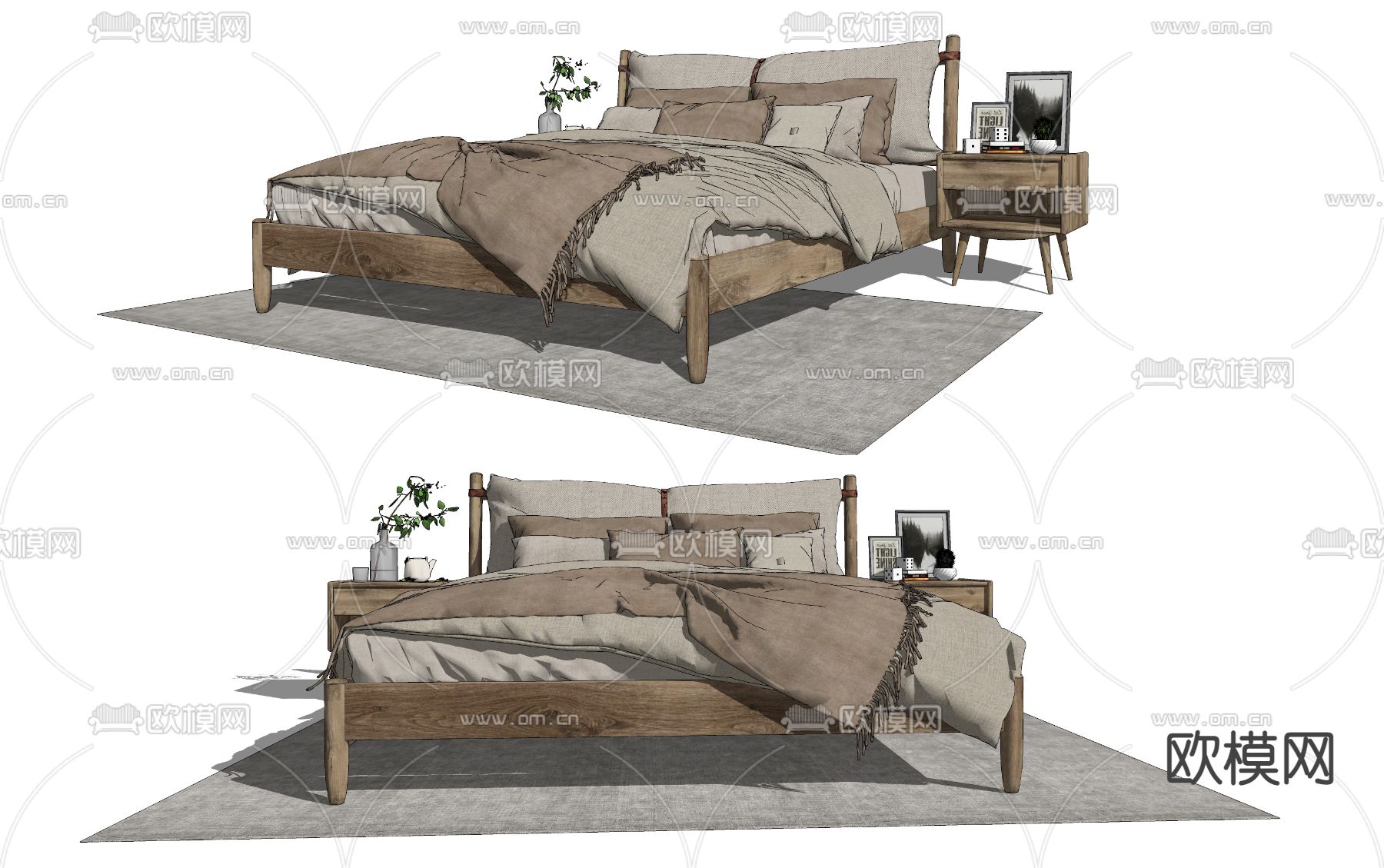 北欧布艺双人床su模型下载（渲染图2）