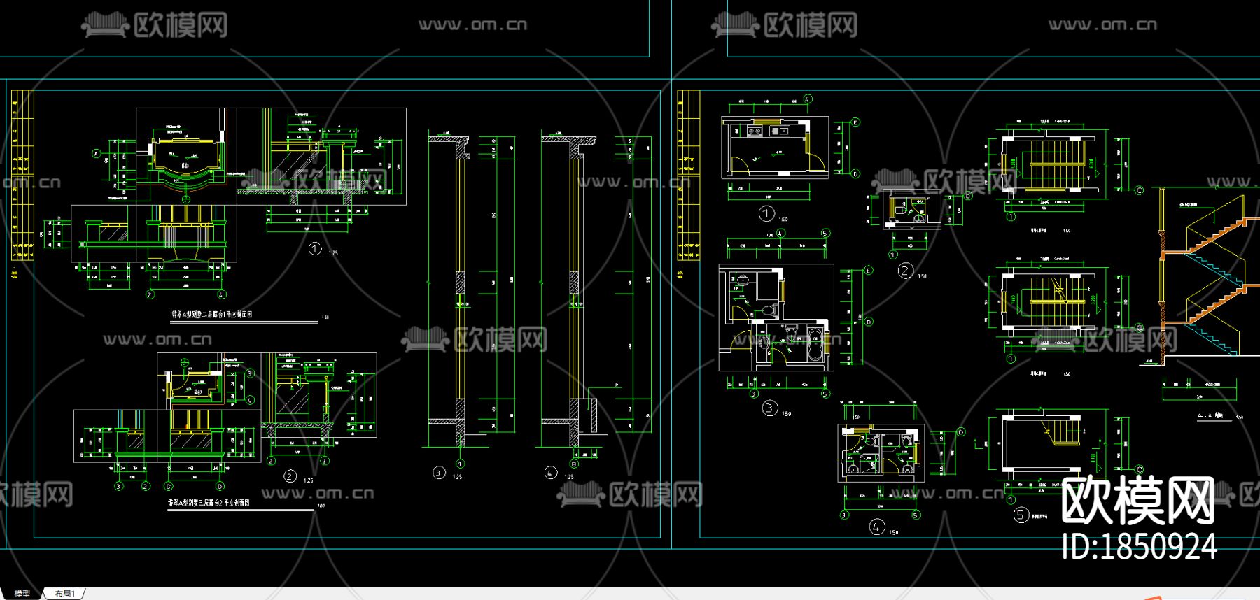 别墅建施cad平面图下载（渲染图2）