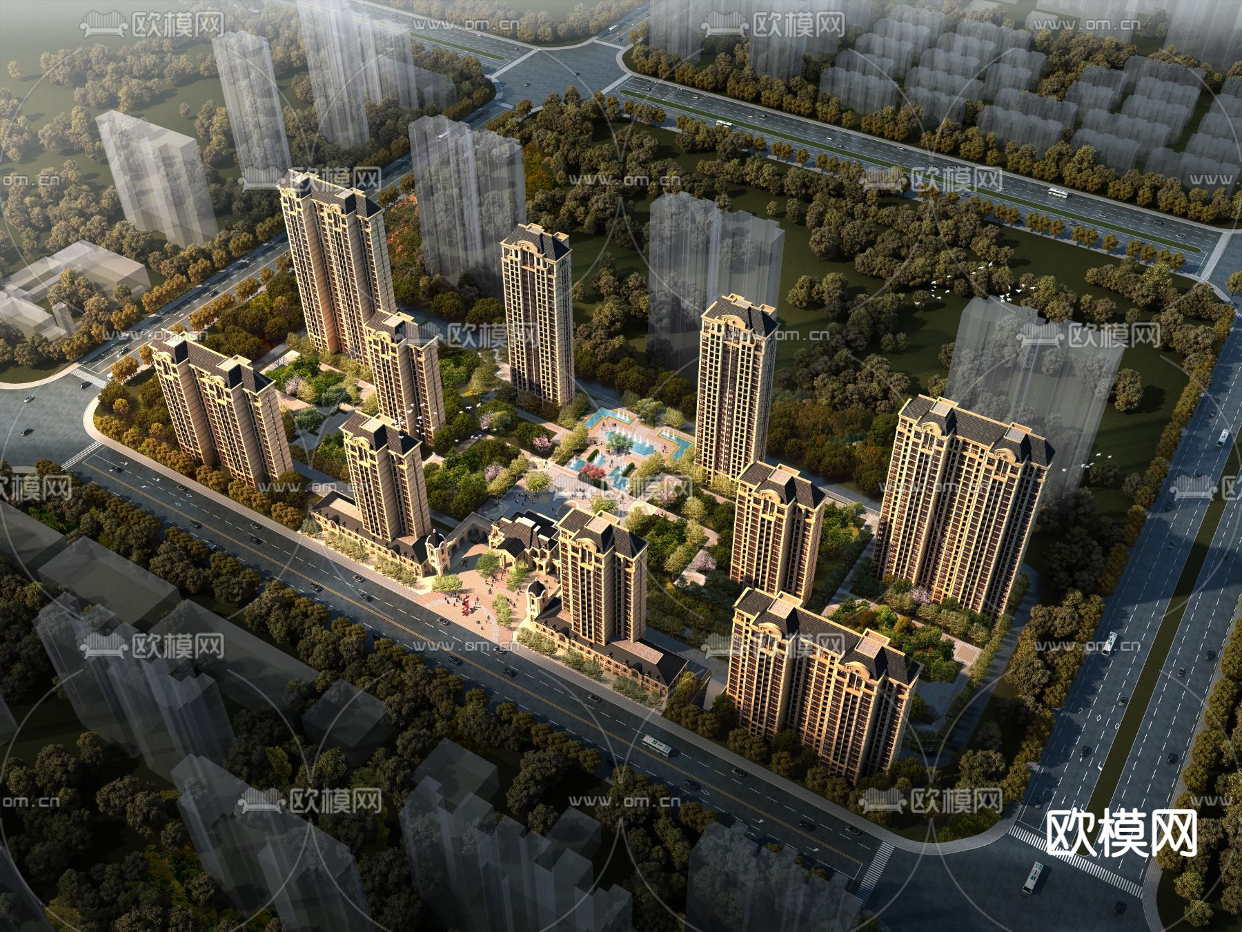 欧式住宅小区鸟瞰3d模型下载