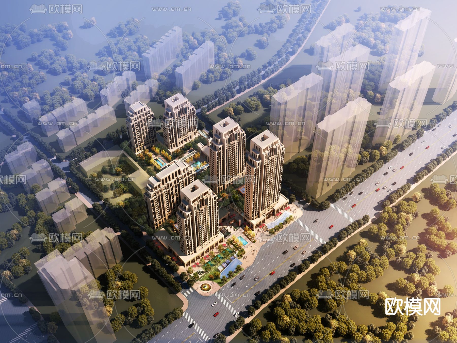 欧式高层住宅楼鸟瞰3d模型下载