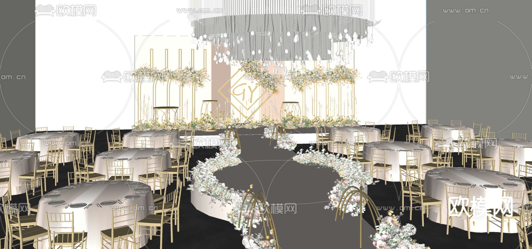 现代轻奢婚庆舞台美陈su模型下载（渲染图5）