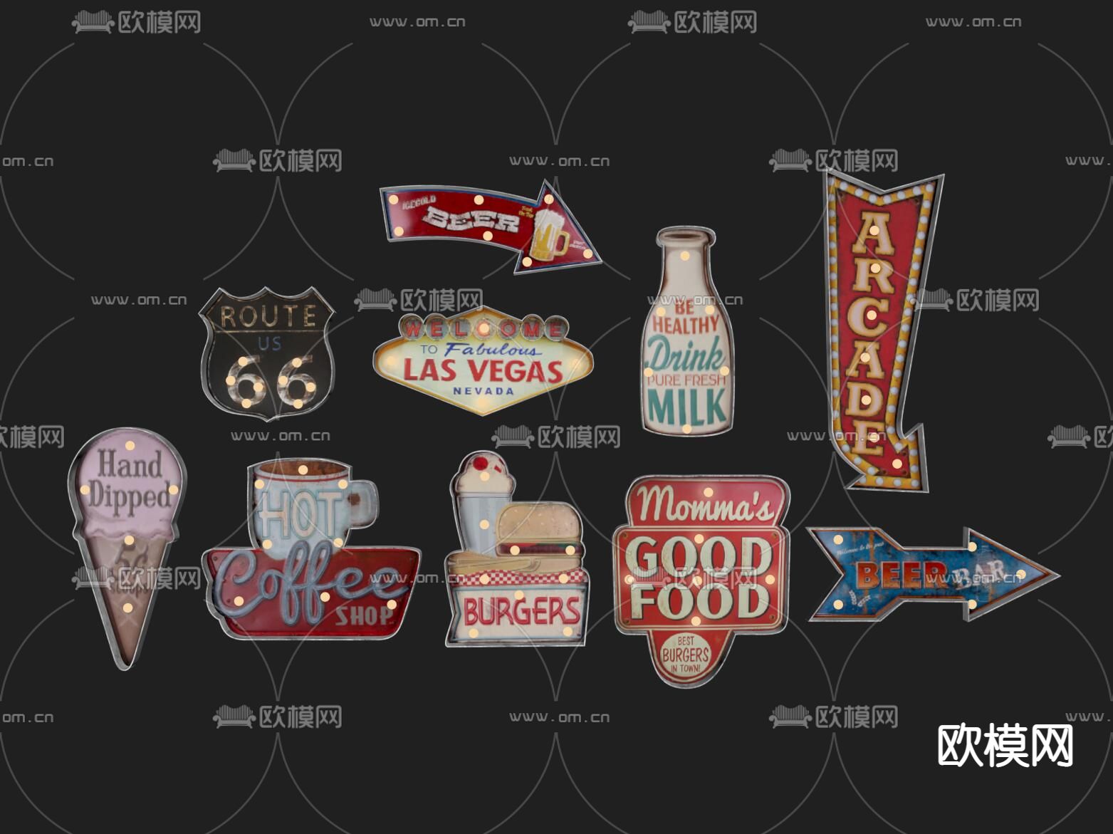 美式复古墙饰标识牌霓虹灯su模型下载（渲染图1）