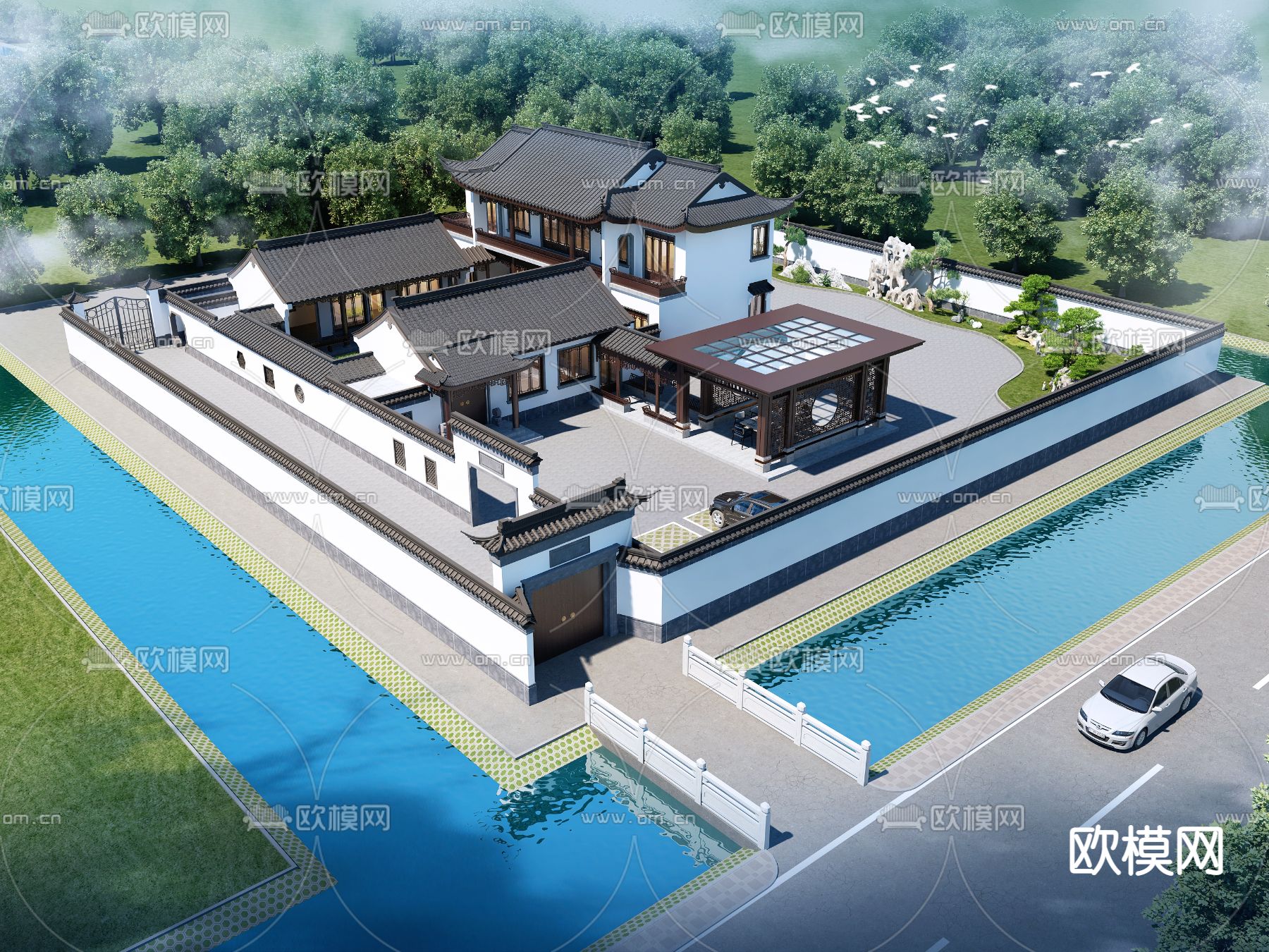 新中式四合院鸟瞰3d模型下载_ID11699836_3dmax免费模型-欧模网