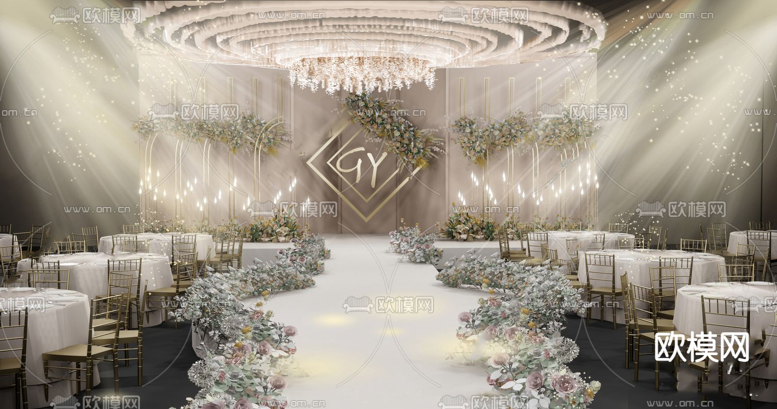 现代轻奢婚庆舞台美陈su模型下载（渲染图2）