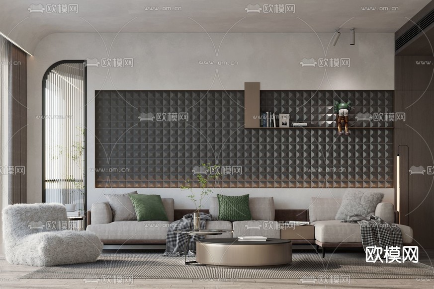 现代布艺转角沙发组合3d模型下载(渲染图1)