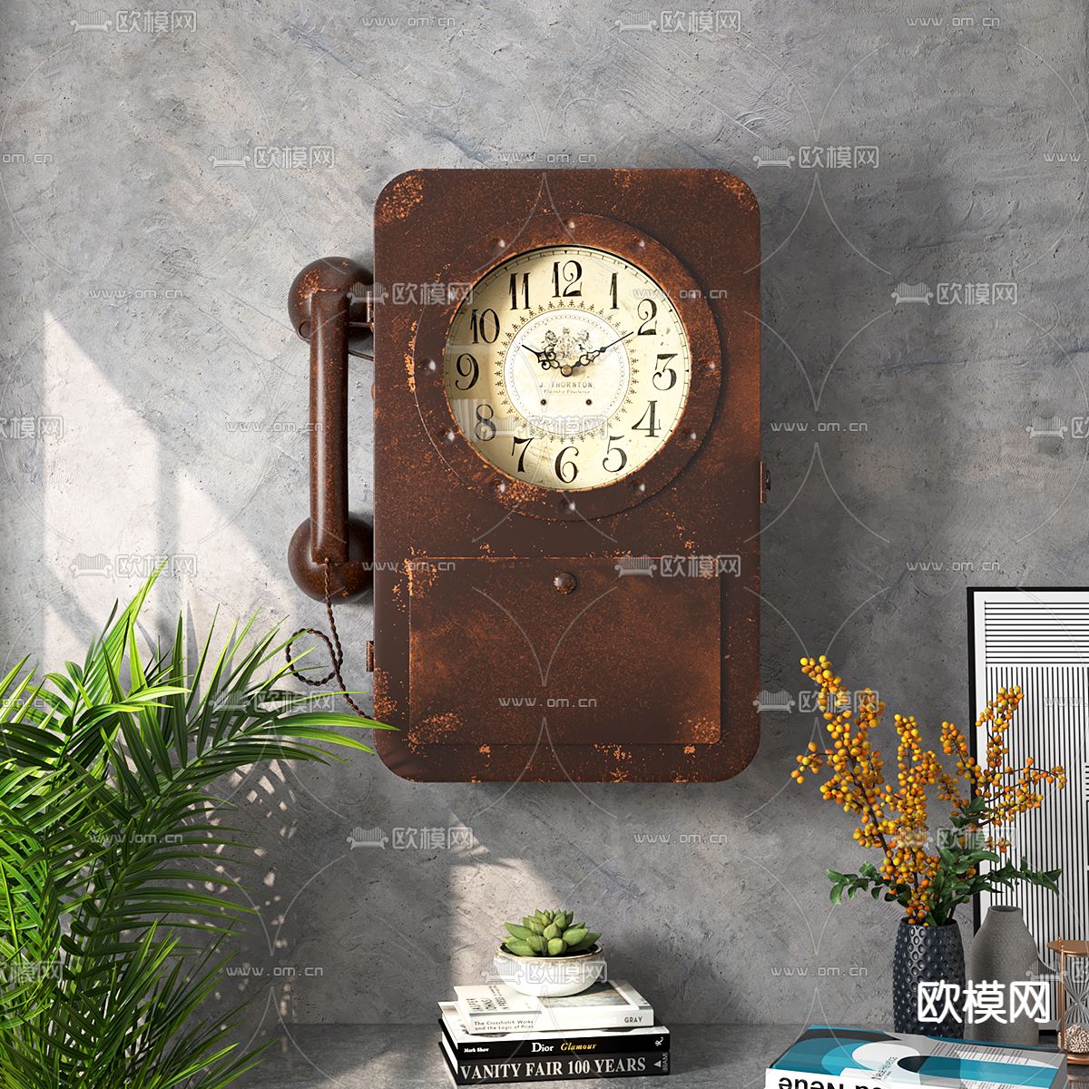 美式复古电话装饰挂钟3d模型下载（渲染图1）