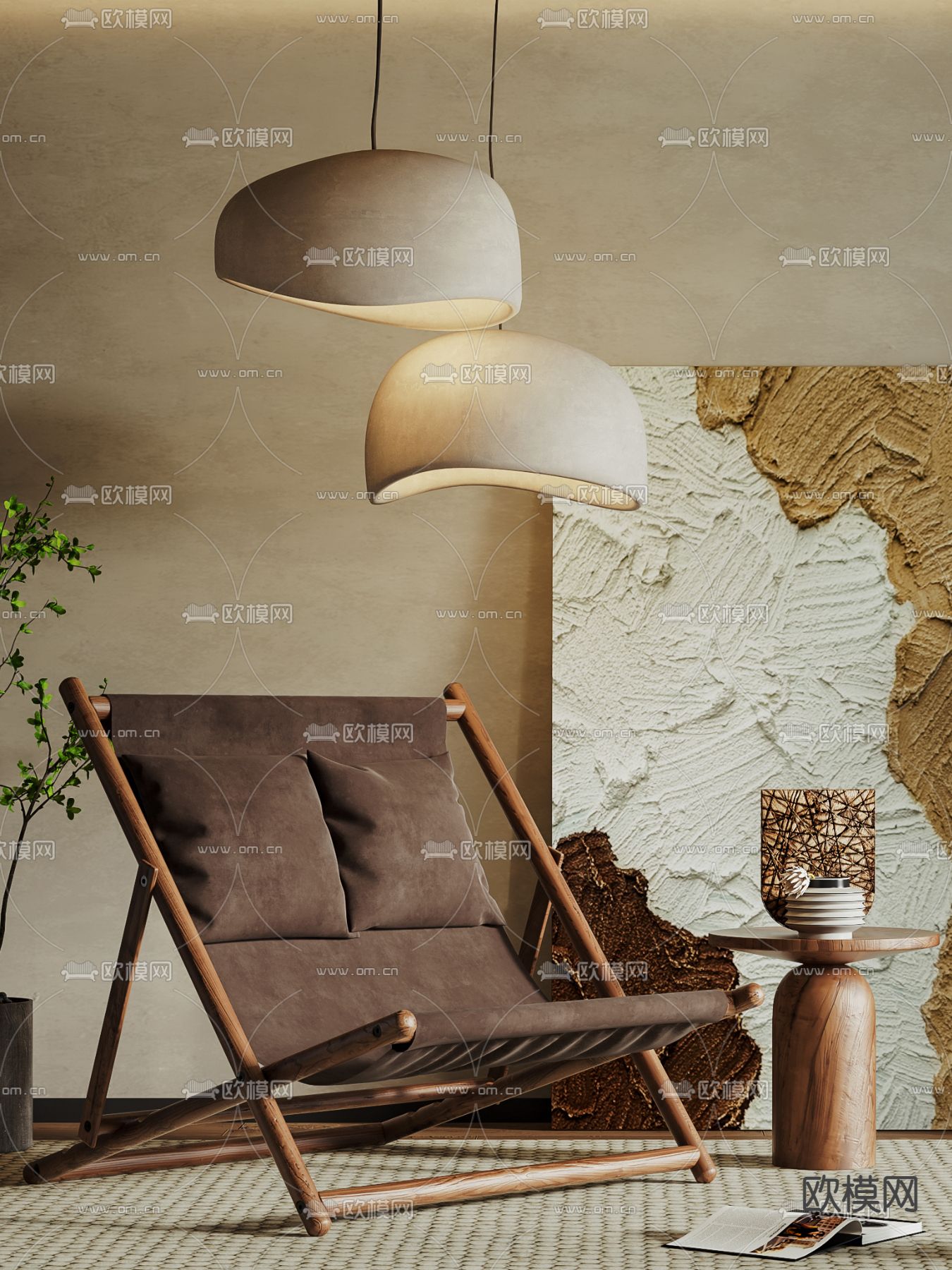 侘寂风皮革休闲躺椅3d模型下载（渲染图2）
