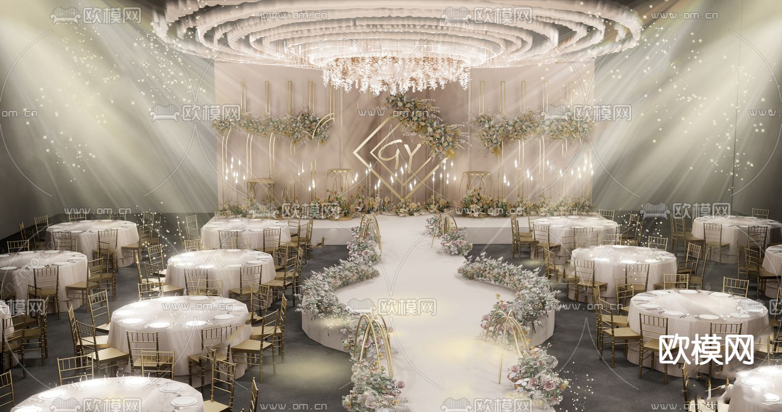 现代轻奢婚庆舞台美陈su模型下载（渲染图1）
