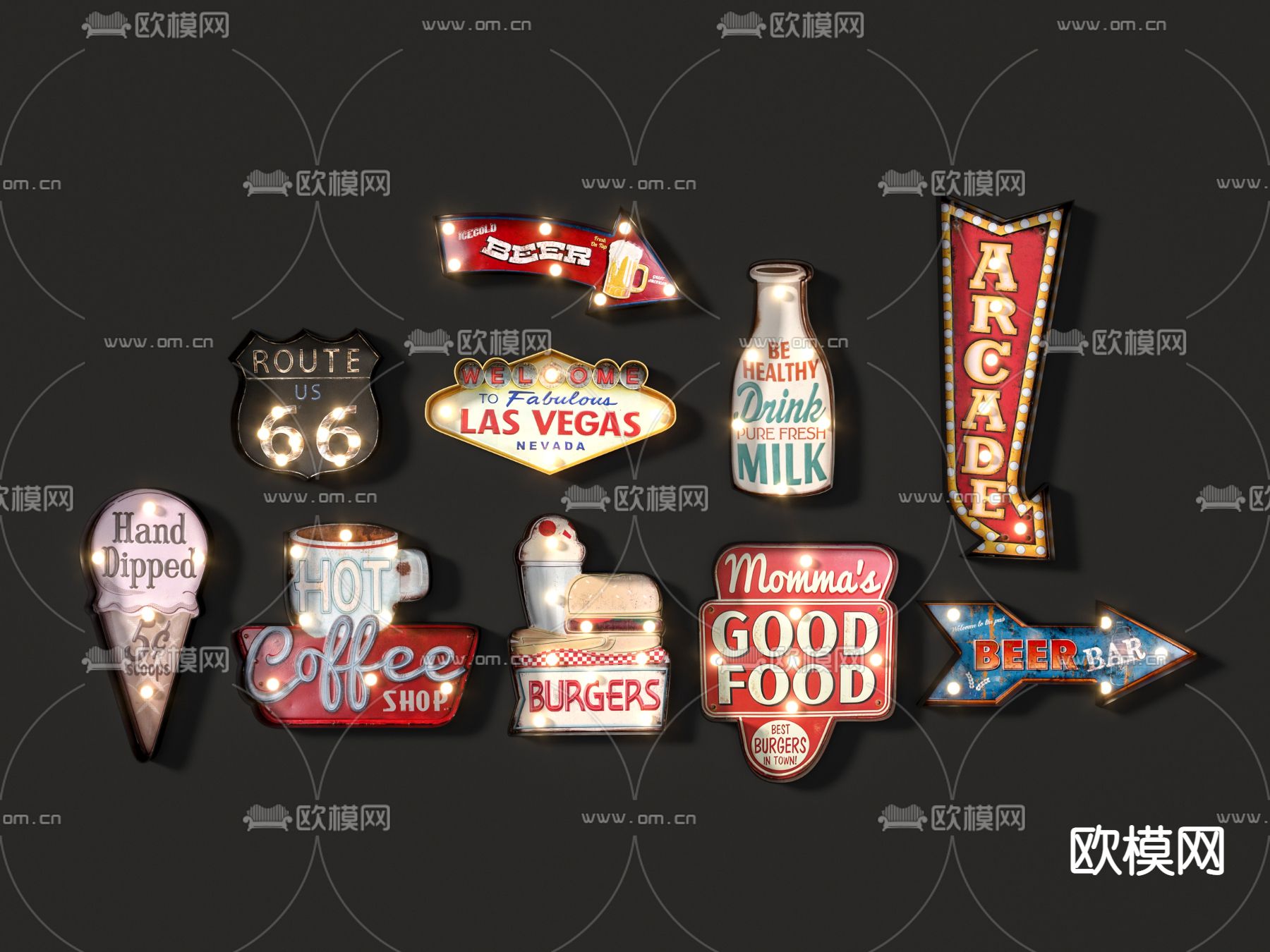 美式复古墙饰标识牌霓虹灯su模型下载（渲染图2）