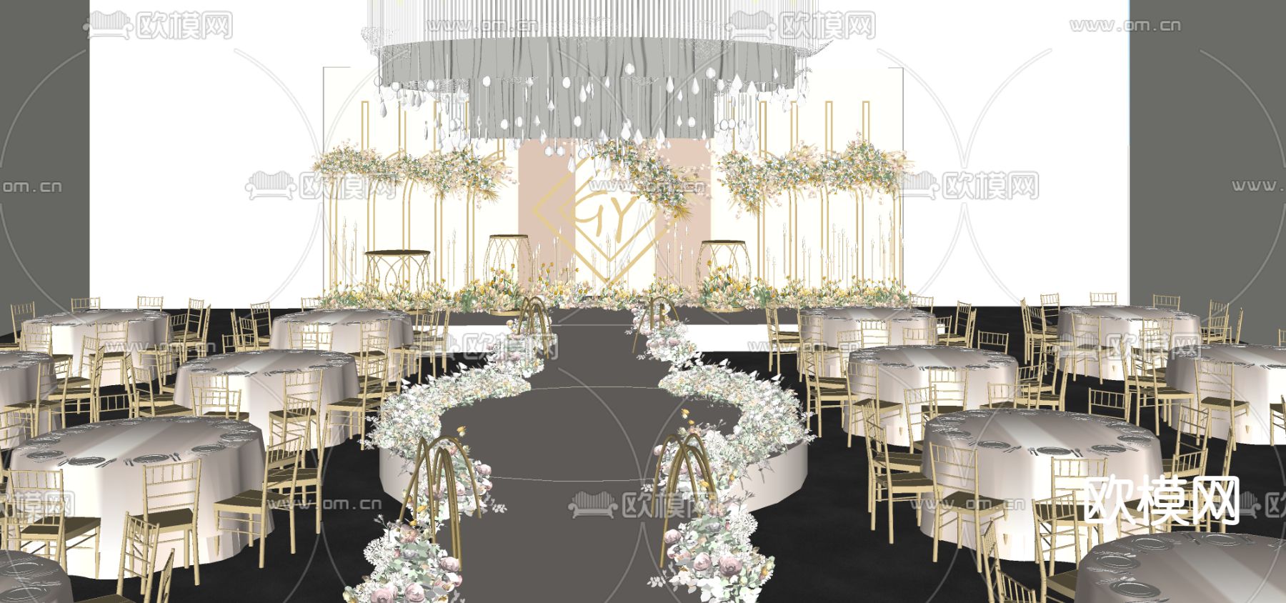 现代轻奢婚庆舞台美陈su模型下载（渲染图4）
