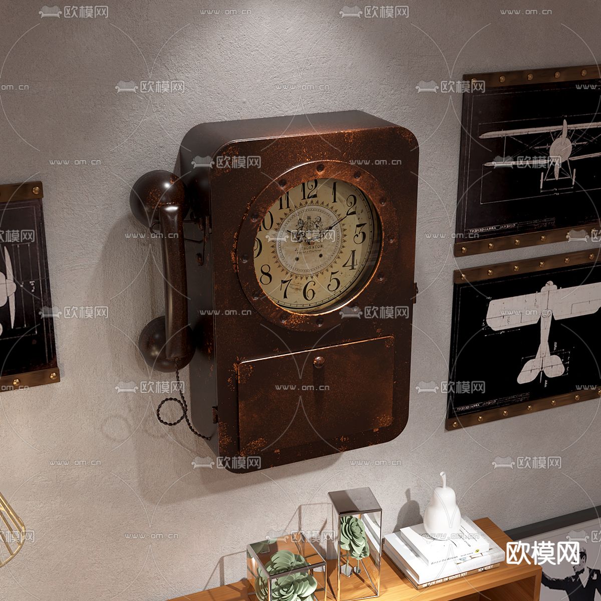 美式复古电话装饰挂钟3d模型下载（渲染图2）