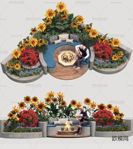 现代向日葵花圃篝火公共椅3d模型下载