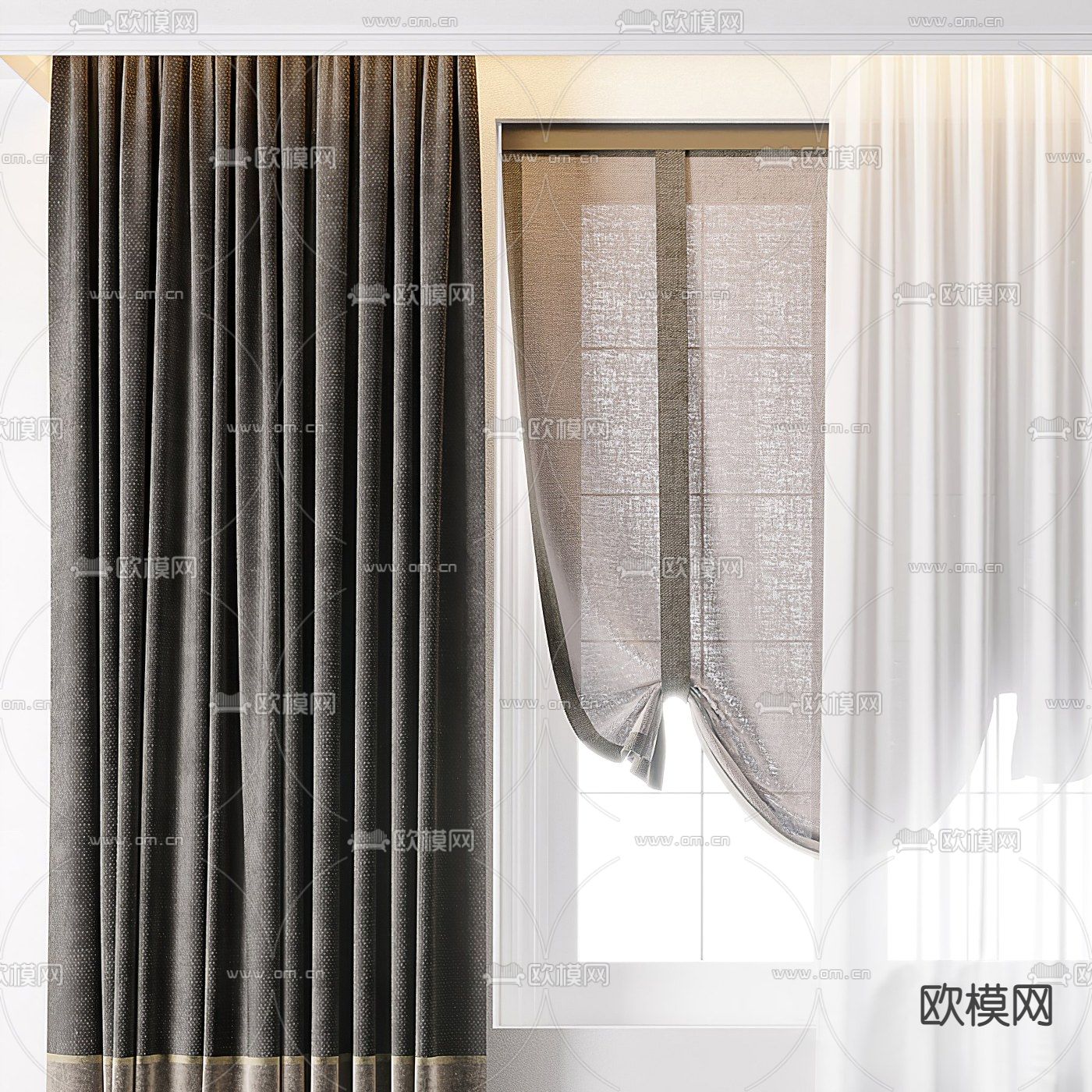 现代布艺窗帘3d模型下载（渲染图2）