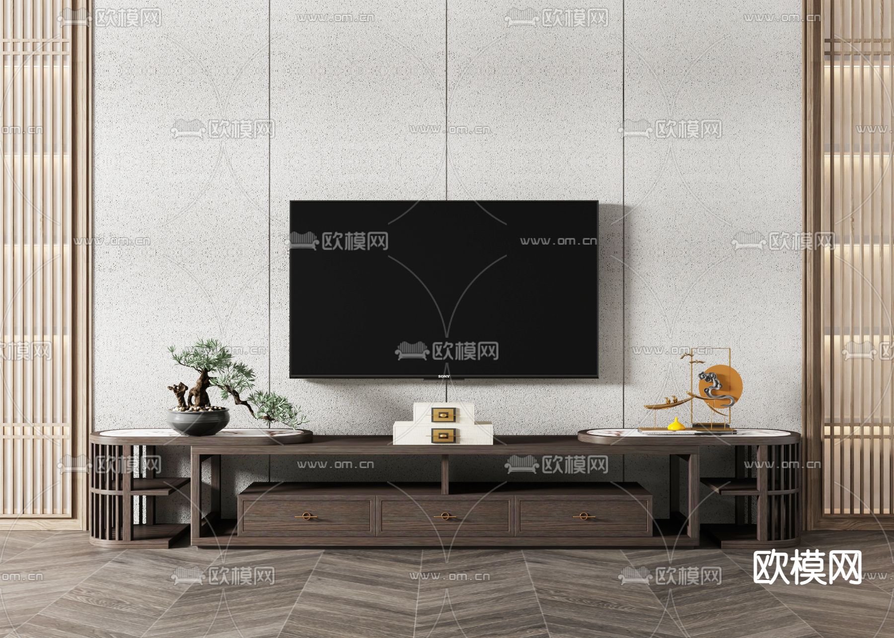 新中式电视柜3d模型下载_ID11705466_3dmax免费模型-欧模网