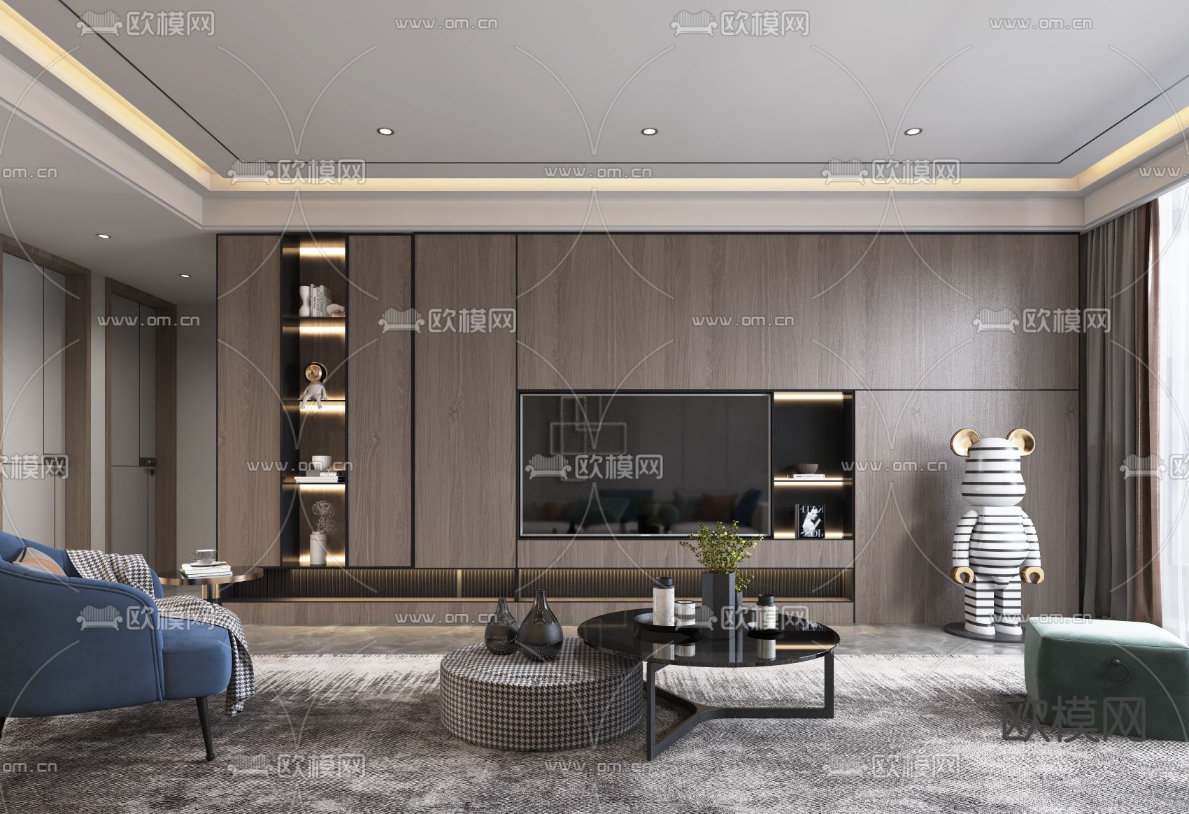 现代轻奢客厅餐厅3d模型下载（渲染图2）