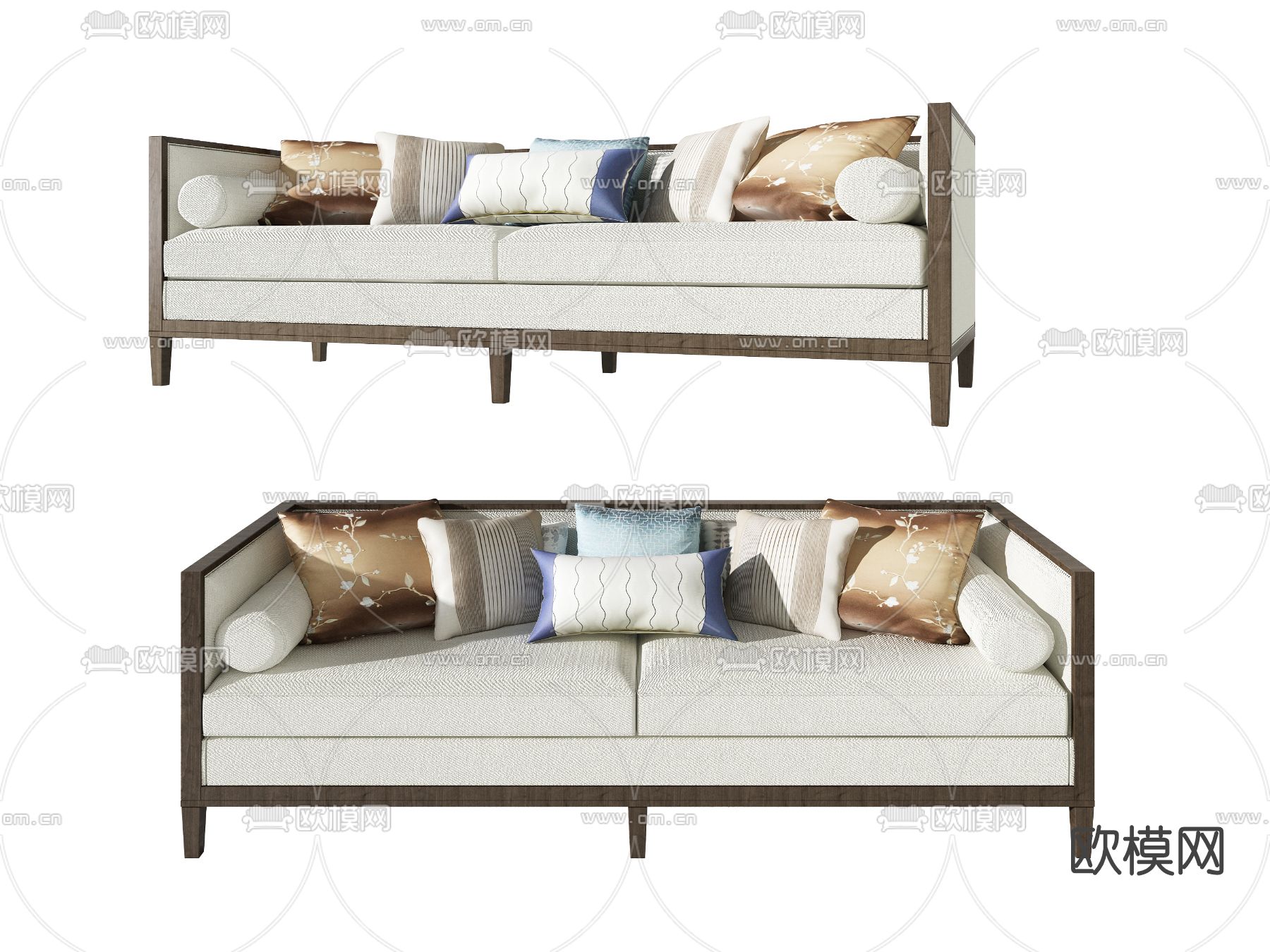 新中式布艺双人沙发免费3d模型下载