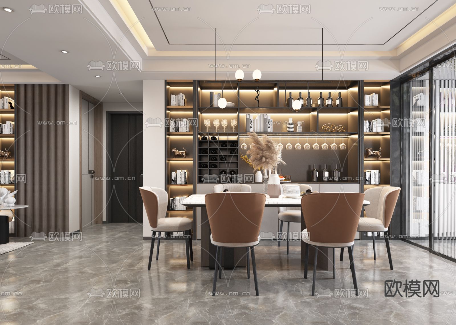 现代轻奢客厅餐厅3d模型下载（渲染图3）