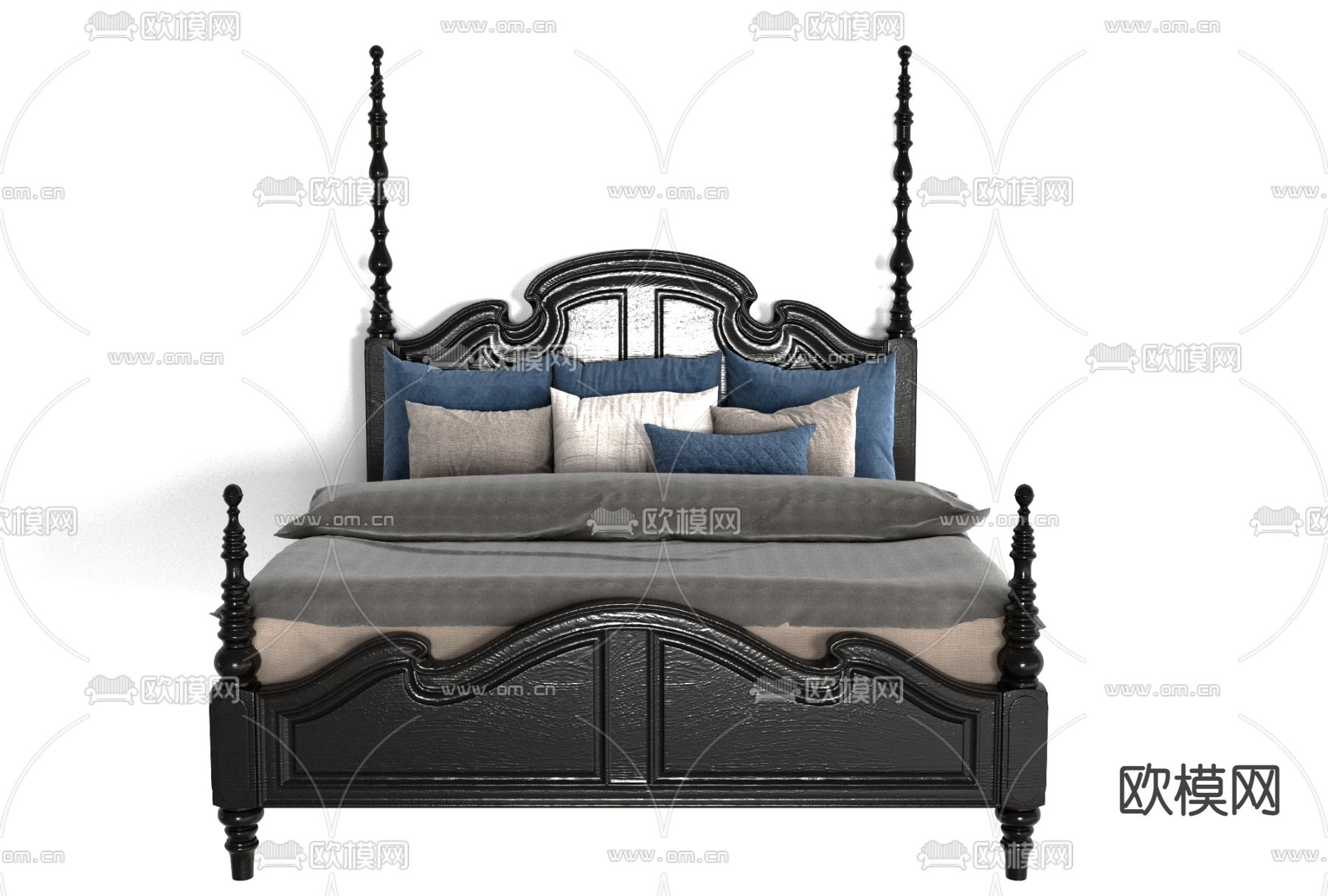 美式布艺双人床免费3d模型下载