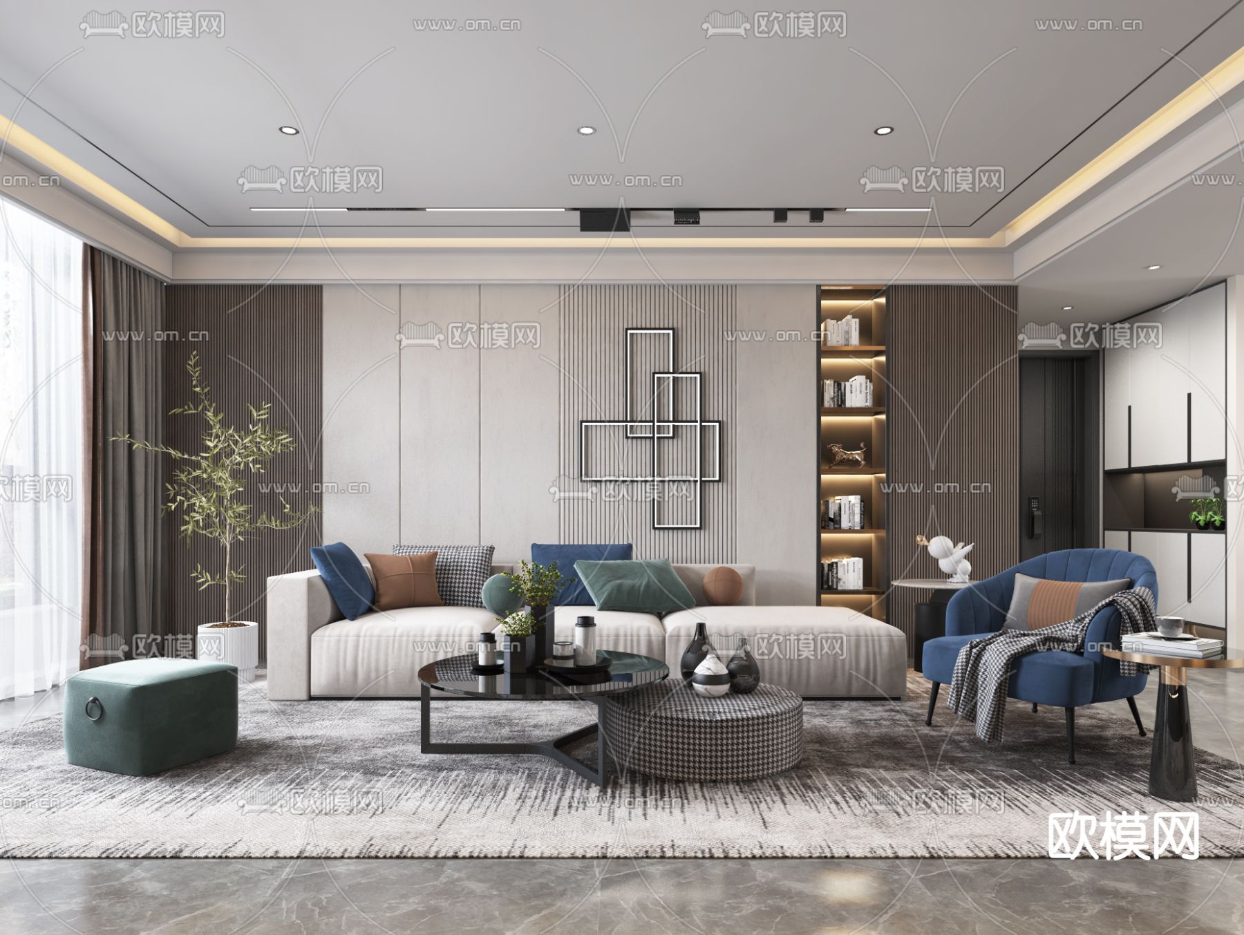 现代轻奢客厅餐厅3d模型下载（渲染图1）