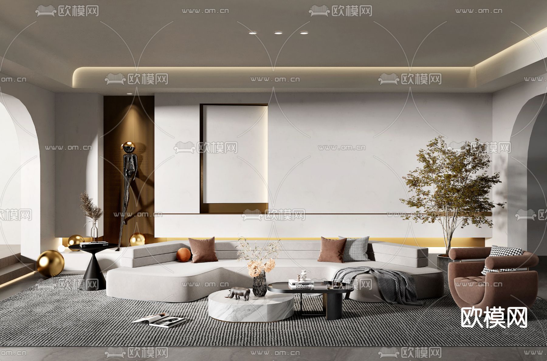 现代布艺沙发组合3d模型下载（渲染图1）