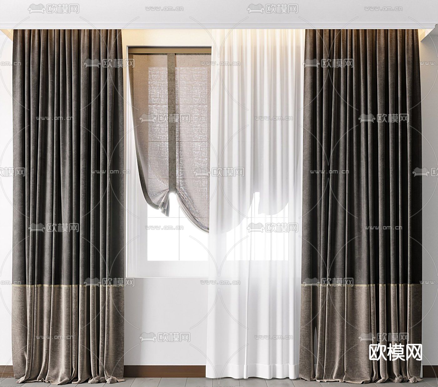 现代布艺窗帘3d模型下载（渲染图1）