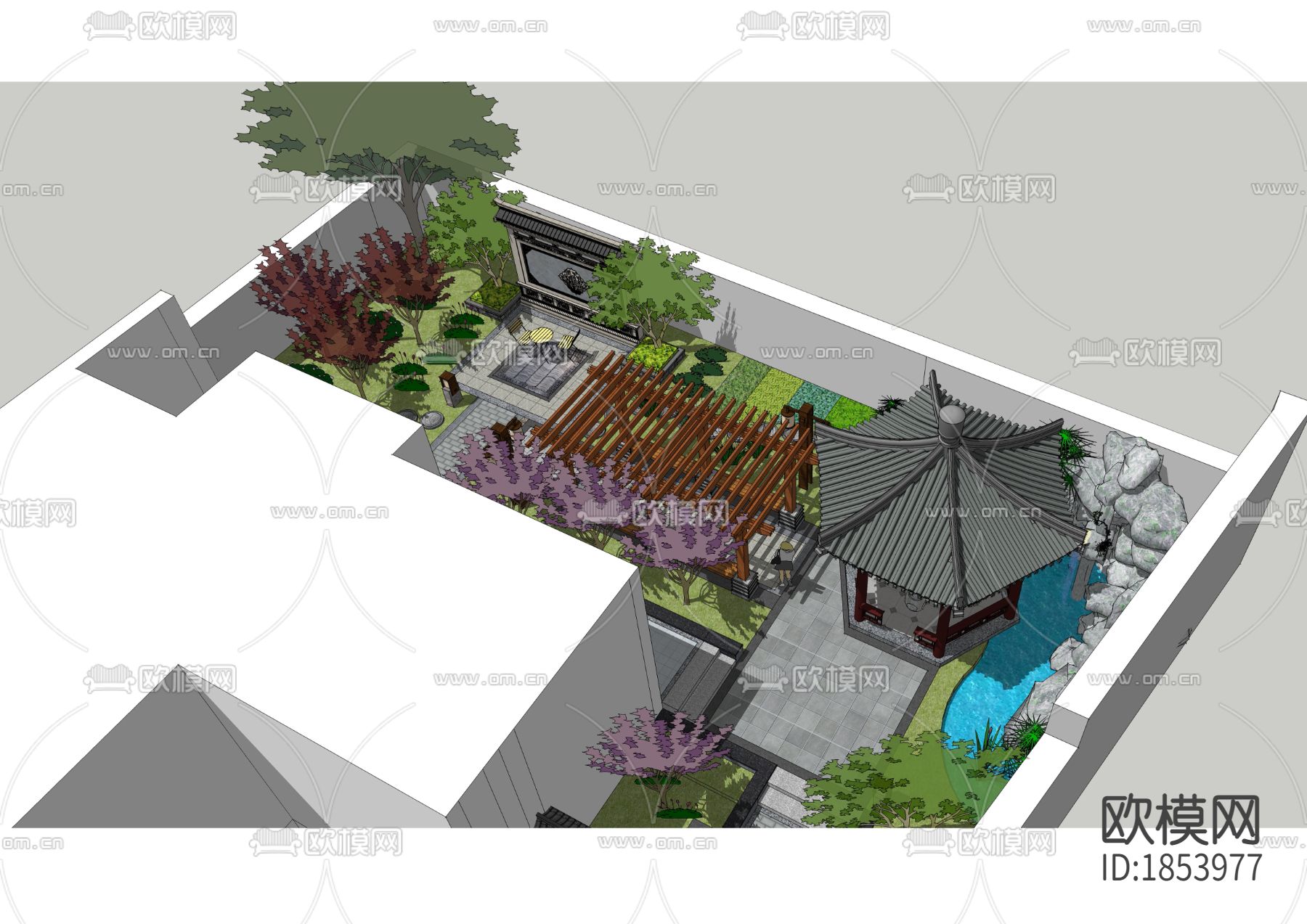 中式别墅庭院景观CAD施工图下载（渲染图1）