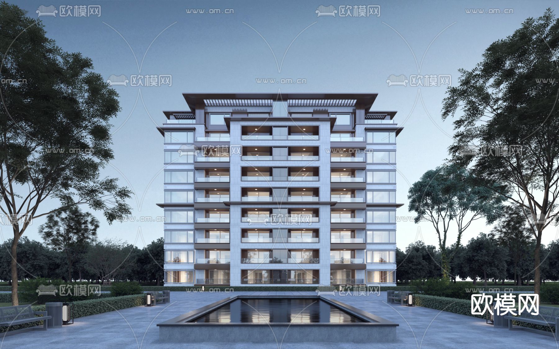 现代住宅楼外观夜景3d模型