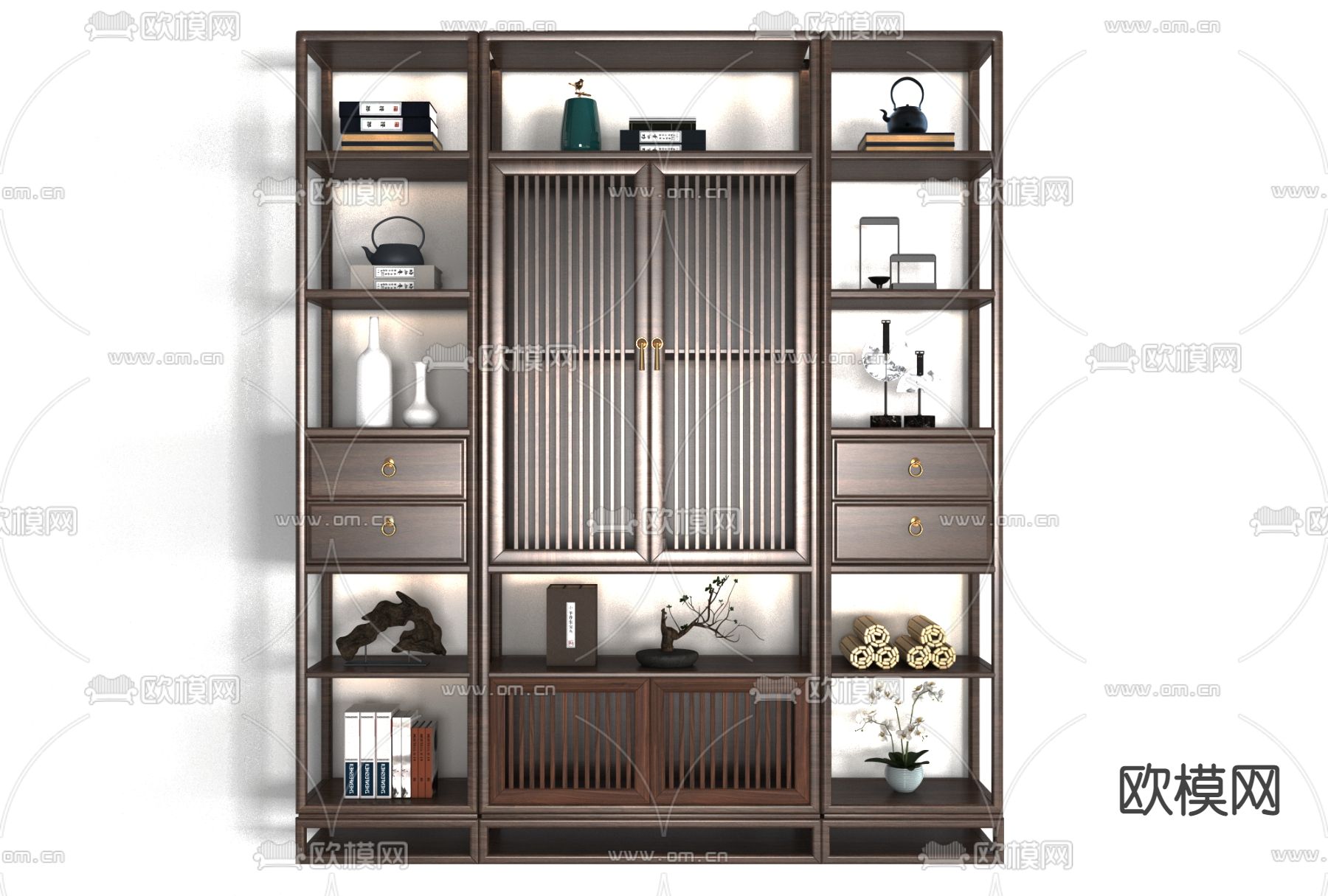 新中式实木书柜免费3d模型下载