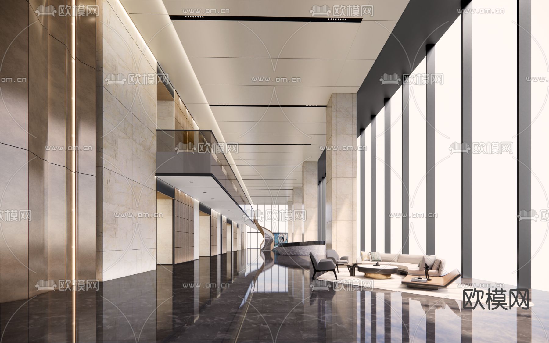 现代办公楼大堂su模型下载（渲染图1）