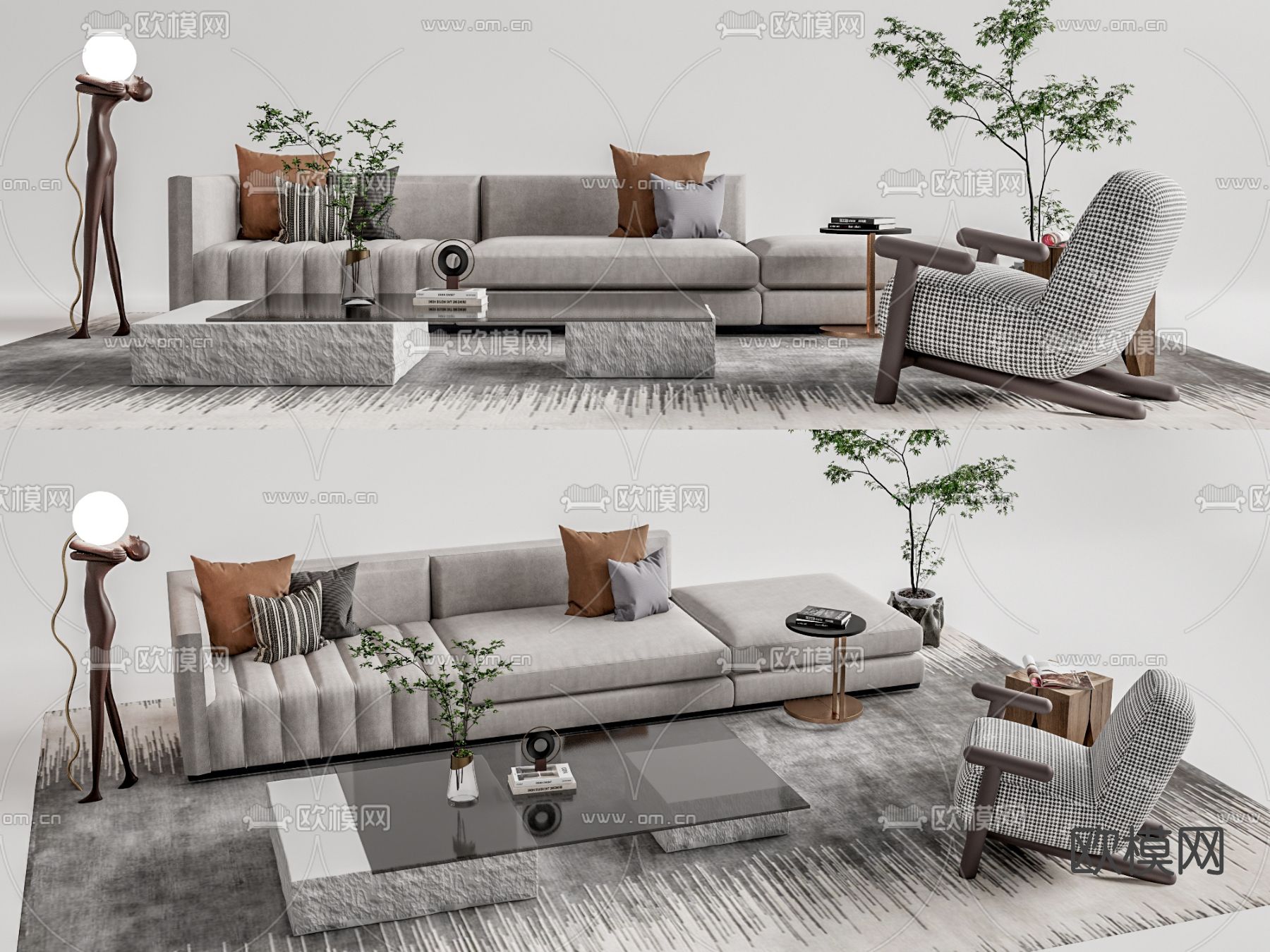 现代布艺沙发组合su模型下载（渲染图1）