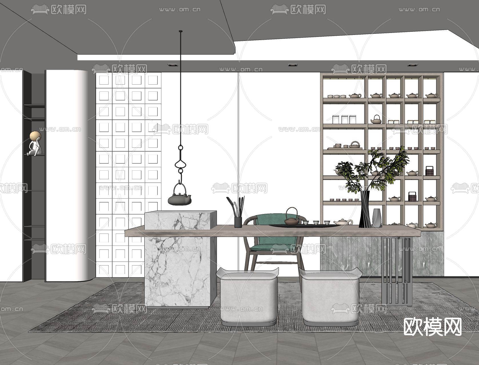 现代茶桌椅su模型下载（渲染图2）