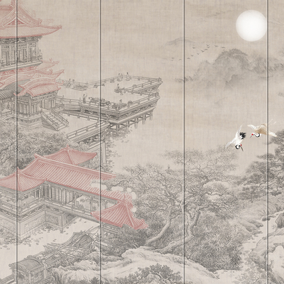  中式建筑亭台仙鹤壁纸 