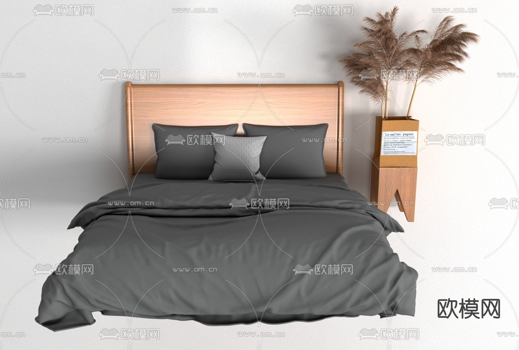 侘寂布艺双人床免费3d模型下载